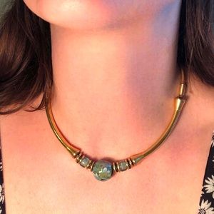 Vintage Handmade Boho Gold Tone Metal Necklace Blue Floral Beads